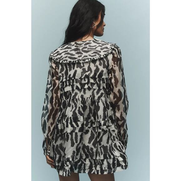 Anthropologie MAEVE Long-Sleeve Collared Sheer Mini Dress Black White M NWT $168 - Picture 5 of 7